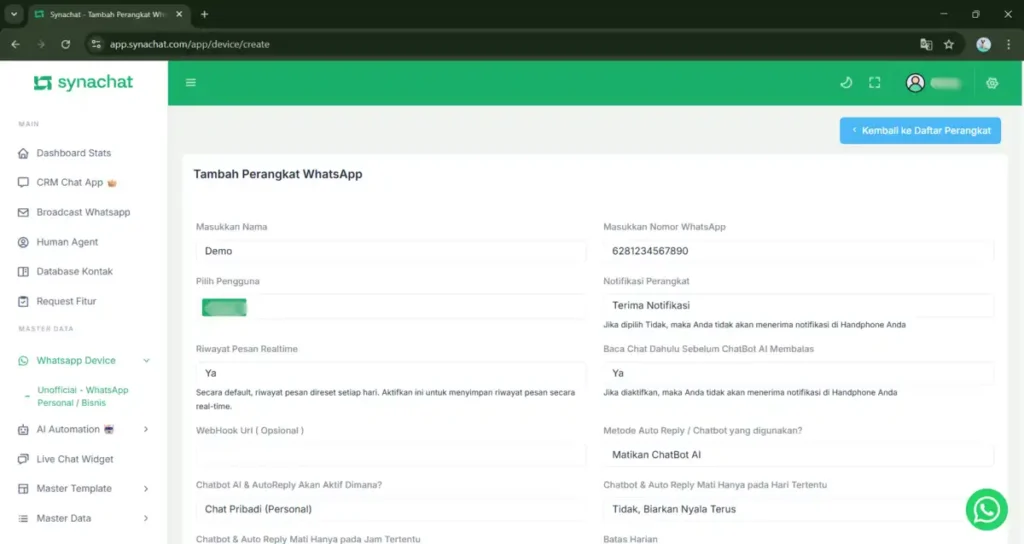 Menghubungkan WhatsApp 5 Langkah 5 Menghubungkan Whatsapp ke SynaChat