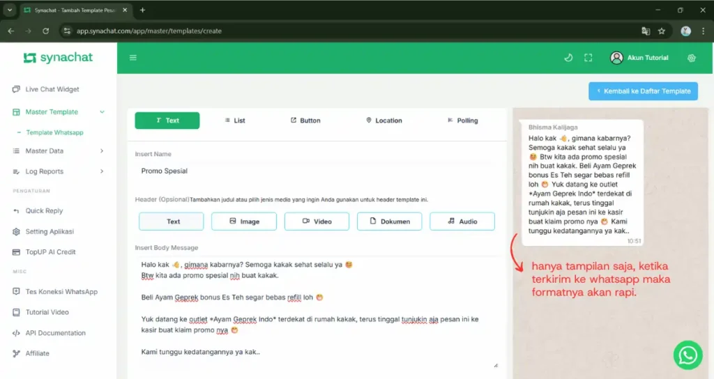 membuat template whatsapp